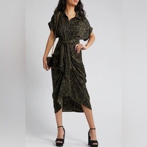 Steve Madden Size 4 Olive Green Satin Leopard Print Midi Dress Mafia Aesthetic